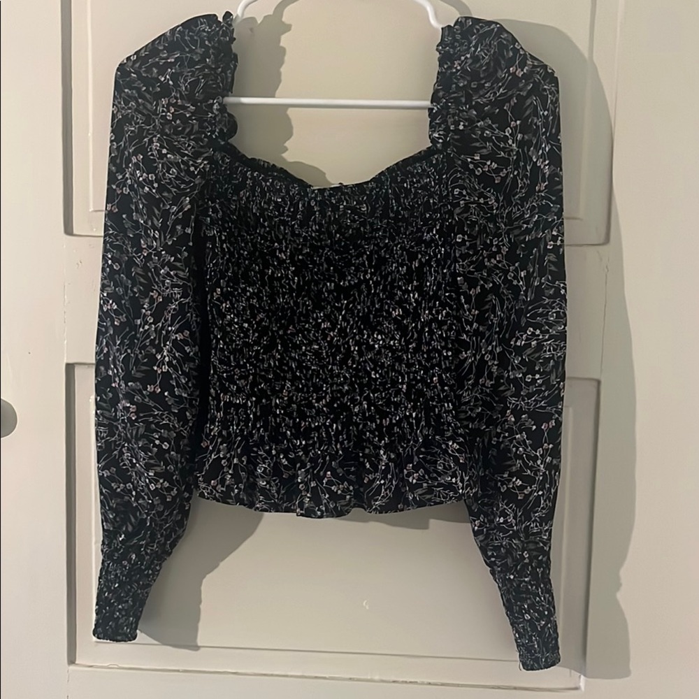 Farrow Black floral Smocked Puff Sleeve Blouse